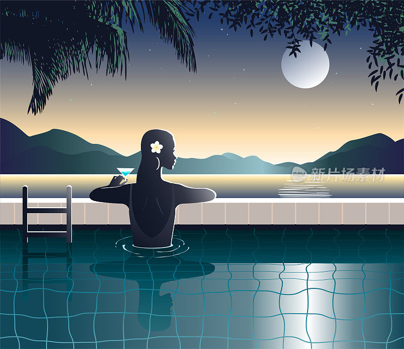 Woman in a swimming pool at night
